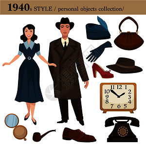 1940年男女服装和个人用品收集的时装风格带鞋子帽和可穿饰附件的矢量回衣服装或西的矢量回衣服1940年男女个人用品的时装风格插画