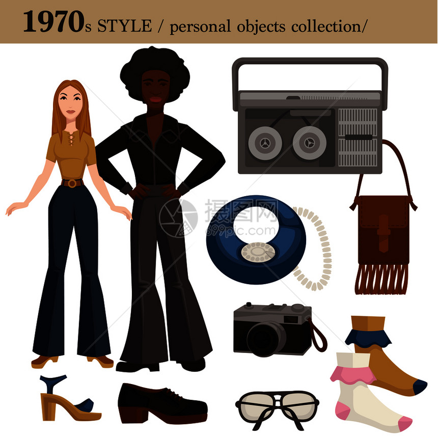 1970年男女服装和个人物品收集的时装风格活体迪斯科和嬉皮士服装或西及鞋子可穿饰附件和电子设备1970年时装男女个人物品图片
