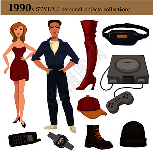 无鞋可及190年男女服装及个人物品收集的时装风格190年男女个人物品的时装风格190年男女时装服及衣鞋子可穿饰附件和电子设备或器件插画