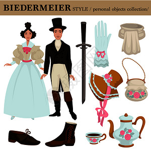 Biedermeier或奥地利德国的旧式男女服装和个人物品收藏图片