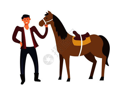 农民和照顾养马的男微笑孤立病媒养马触摸野检查家畜的情绪和健康人牲畜在农地饲养马和的孤立病媒插画