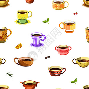 茶图案彩色咖啡杯无缝图案矢量设计背景插画