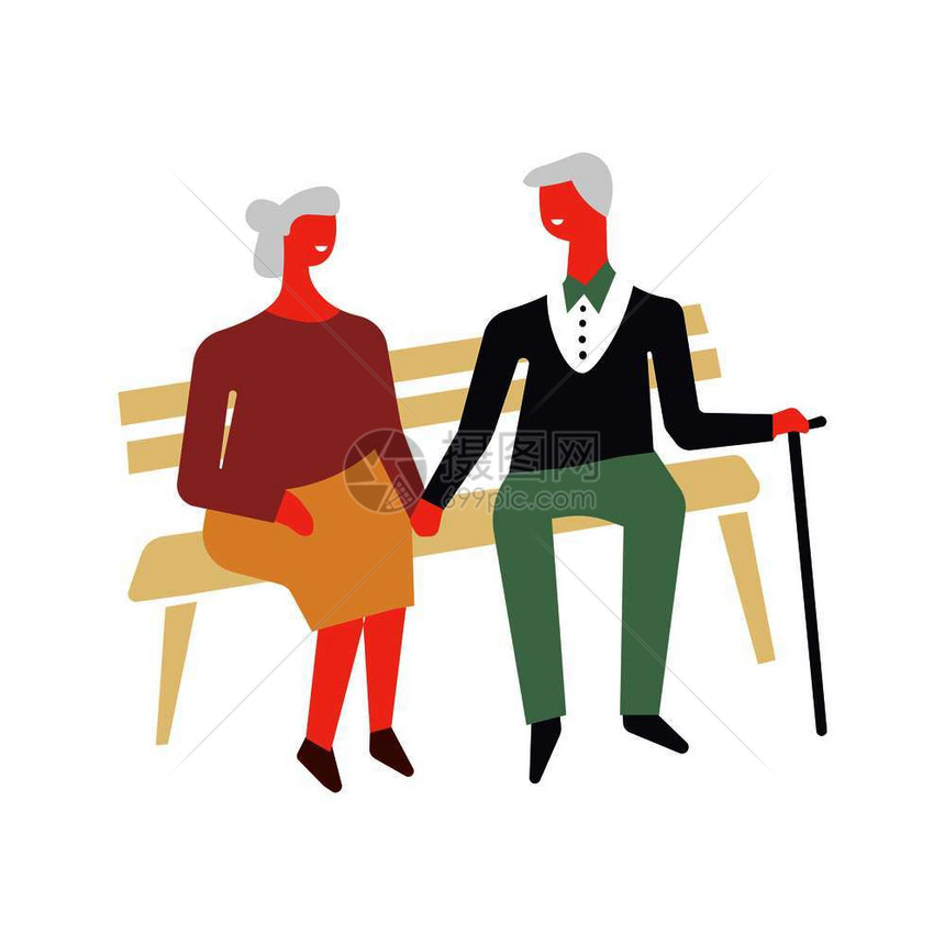 老年人爱和浪漫病媒面部不相容的老年丈夫男子用棍手握着老女人坐在长凳上开心地坐着快乐病媒面部不相貌的老年丈夫男子用棍手握着老女人病图片
