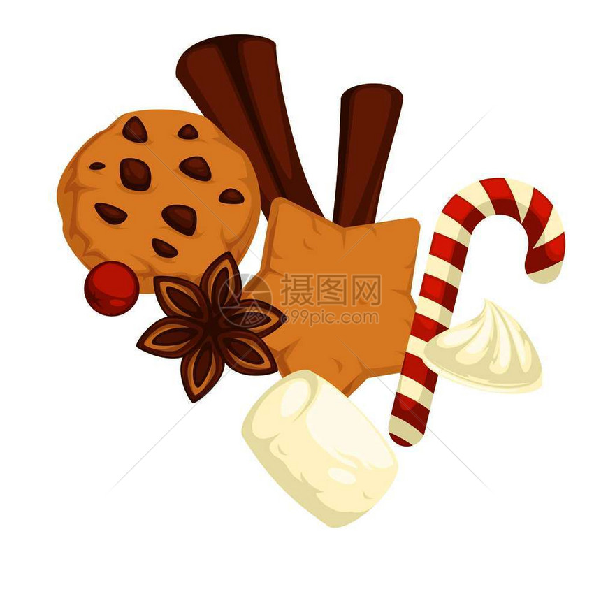 圣诞快乐传统的姜饼象征干和糖果矢量饼干的肉桂香草味道有浆果的寄生植物叶糖棒和红丝带的弓图片