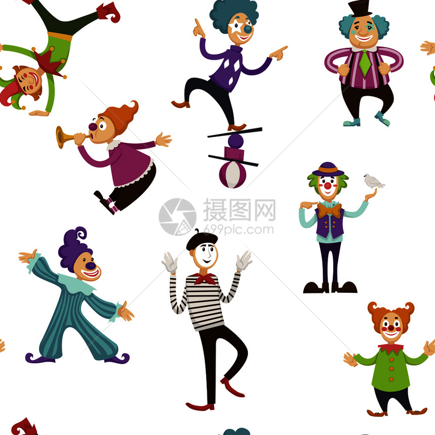 小丑和米姆娱乐人们的无缝模式矢量在庆祝活动和节假日娱乐穿着服装的人吹号角玩球游戏和平衡把图片