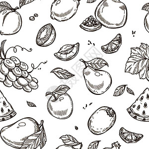 苹果热带芒和外来木瓜或葡萄和柠檬加网橙汁的矢量无缝设计图片