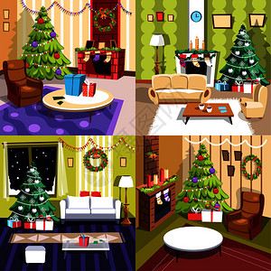 纸抽盒图片与墙壁椅子和桌壁花圈和袜子炉礼物和品盒成套庆典圣诞节冬季假日家具和室内的图片隔开插画