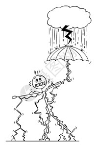 普拉塔曼阿云在小风暴云下的雨伞站在小风暴云下的雨伞被闪电击中的人或商Man或BusinessmanStruck的矢量卡通插画