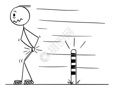 滑轮滑猪矢量卡通棒图绘制人类滑在内板上的概念图并在路边通过小柱子时痛苦地击中他的睾丸插画