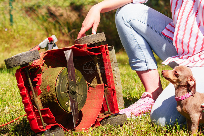 园艺女丁用割草机修绿坪对破碎的割草机有问题女园丁用破碎的割草机修绿坪图片