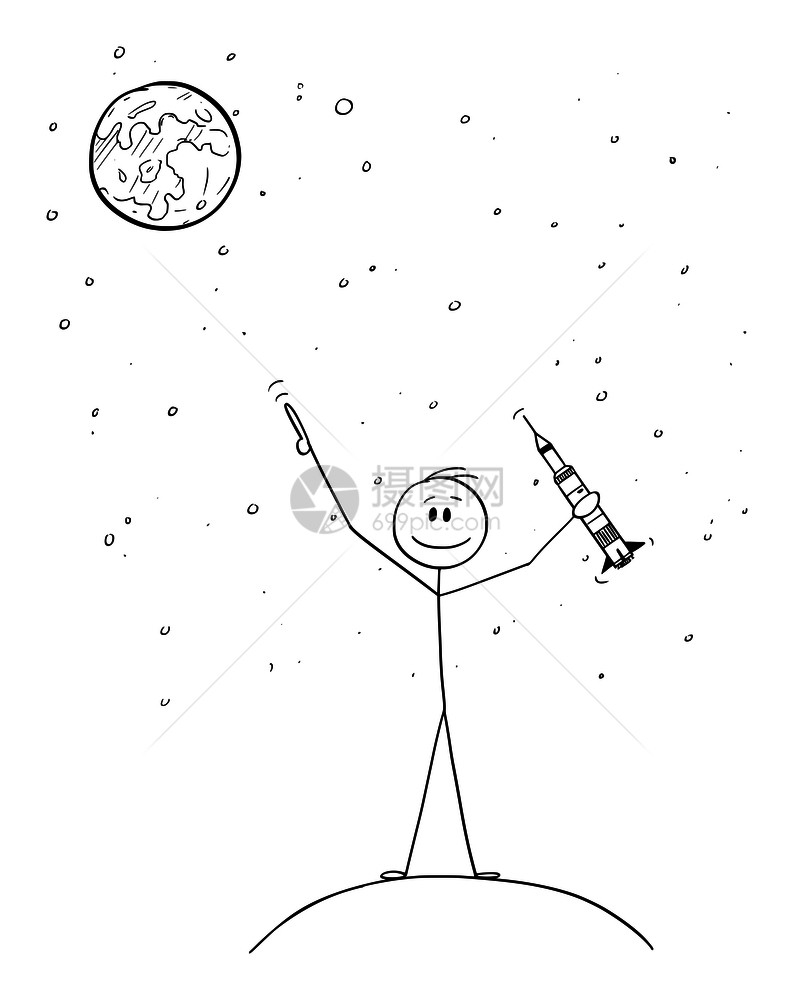 矢量卡通棒图绘制人类持有火箭模型和指向月球或火星的概念说明空间探索概念载体指向月球或火星图片