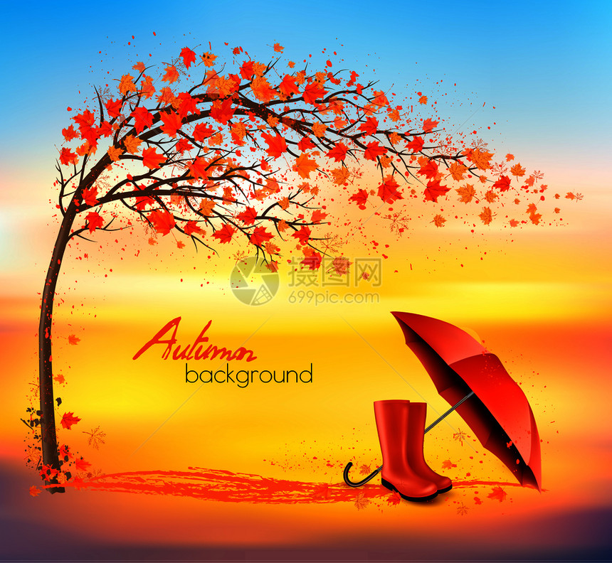 秋天自然背景树雨伞和靴矢量图片