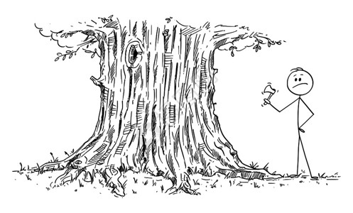 拿着小斧头准备砍大树的男人卡通矢量插图图片