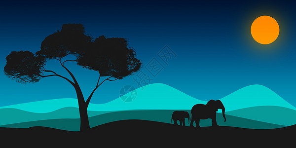 大象和树的黑色圆背影3D图片