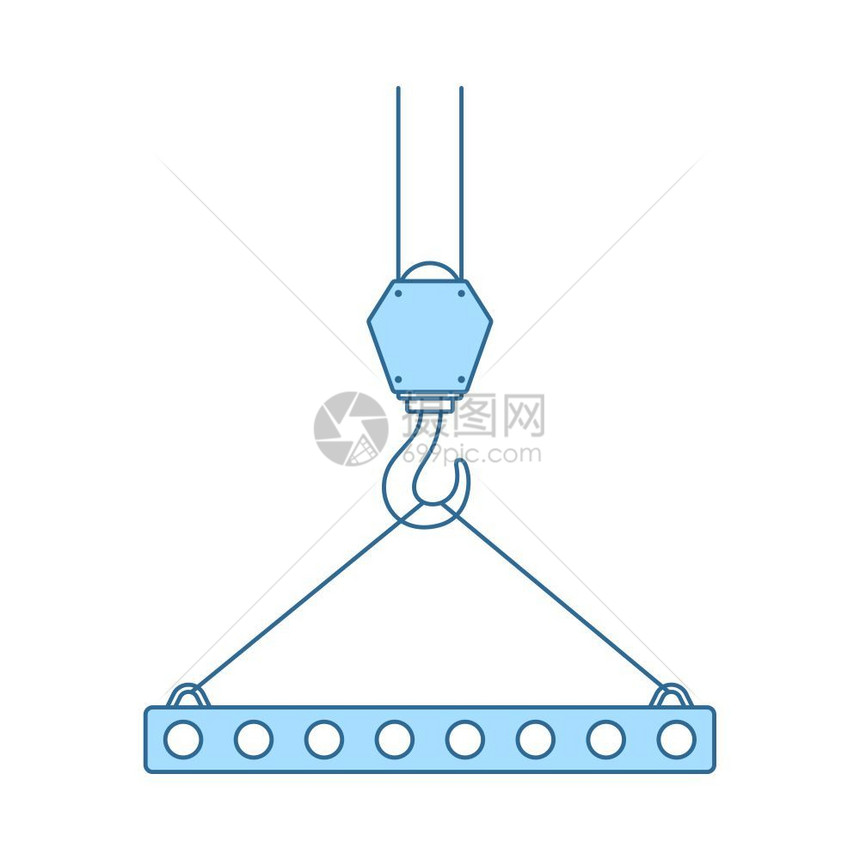 SlabHangedon起重机Hook由绳索吊挂起的平板图示带蓝色装饰设计的细线矢量说明图片