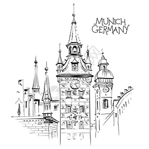 普拉德国慕尼黑Marienplatz中央广场老城厅的矢量草图德国巴伐利亚慕尼黑老城厅德国慕尼黑插画