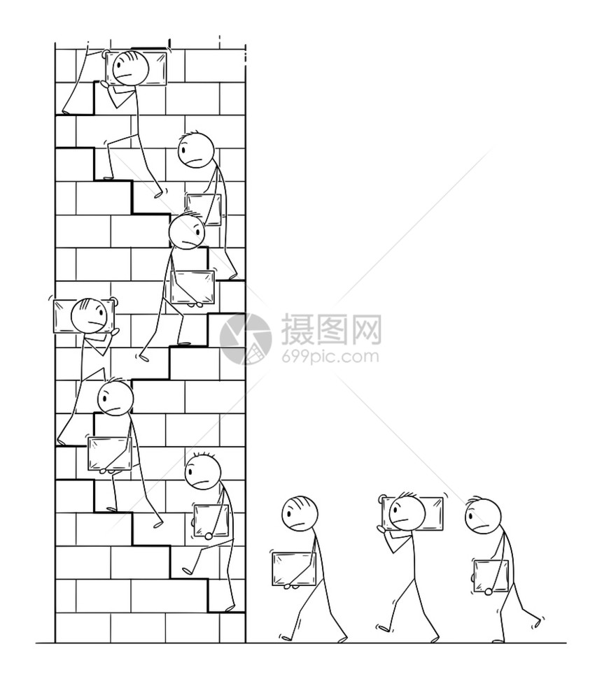 矢量卡通棒图绘制概念说明男子或工人携带大块石作为建筑材料和在高塔上攀爬楼梯图片