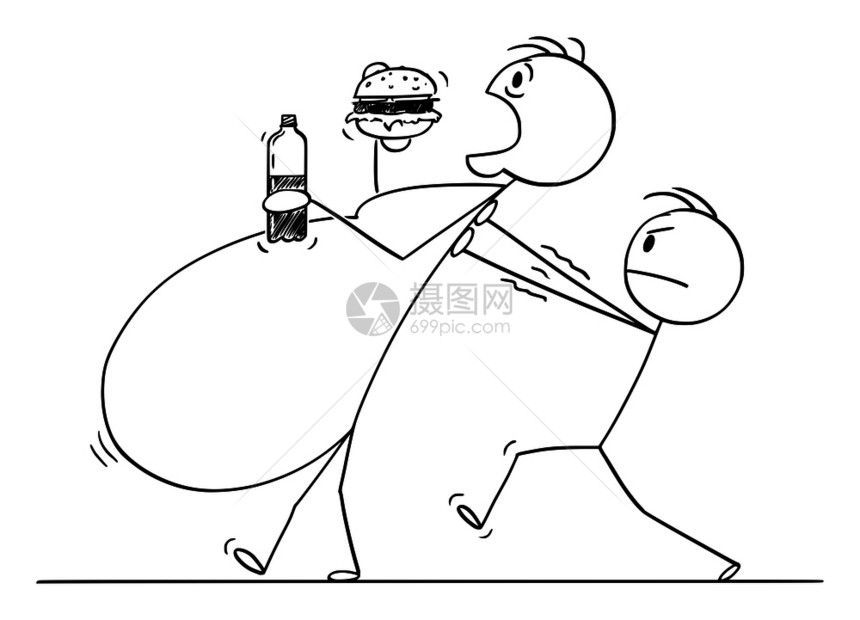 矢量卡通棒图绘制超重病态肥胖或子在另一个男人帮助他走路时吃不健康食物的概念说明图片