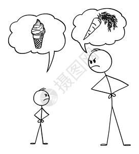 很吵矢量卡通棒图绘制男人或父亲母男孩儿子为健康食品冰淇淋和胡萝卜蔬菜而斗争或吵的概念插图插画