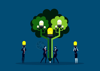 在绿色世界矢量说明设计的思想树上设计一个商业团队图片