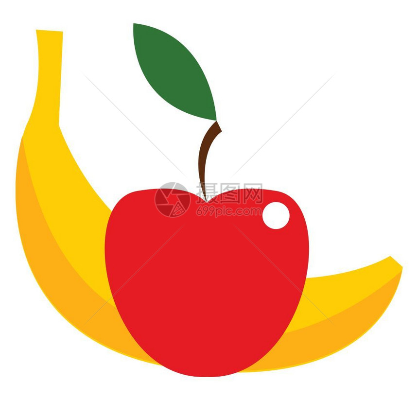 黄色香蕉和红苹果向量彩色图画或插图片