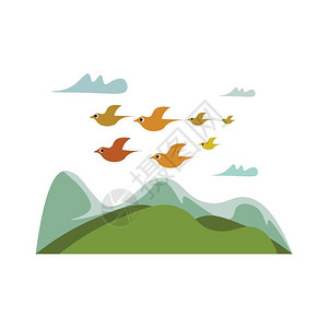 一群鸟在夜晚的矢量彩色绘画或插图中一起飞越山上图片