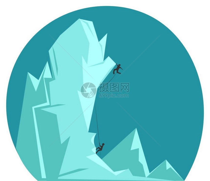 两个攀岩者爬上冰山借助绳索矢量彩色绘画或插图图片