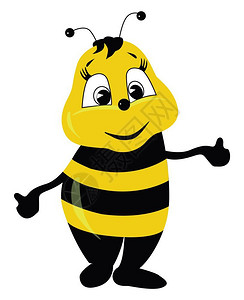 一只站立的可爱黑色和黄条纹蜜蜂睁开眼睛双手被拉伸微笑看起来快乐向量彩色画或插图插画