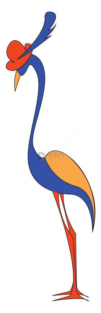一只长的蓝鸟黄翼戴红帽羽毛长嘴腿矢量彩色画或插图图片