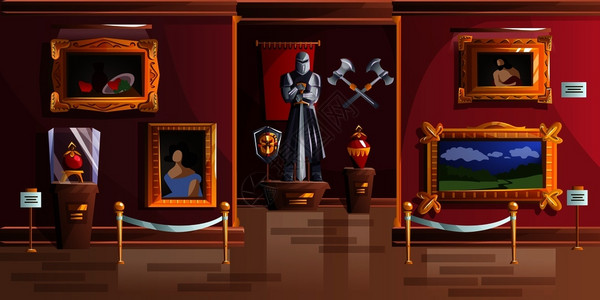莫瑞泰斯皇家美术馆室内宫殿中世纪城堡美术馆有古代肖像的空厅骑士装甲雕像和墙上的古代游戏背景插画