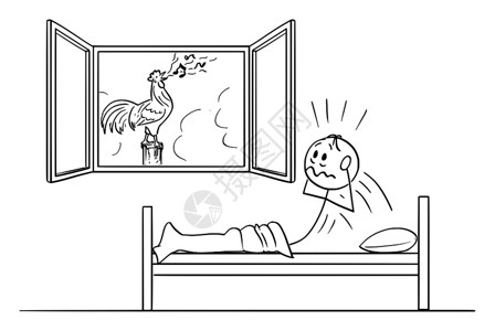 矢量卡通棒图绘制疲累男子在床上被唤醒或公鸡在花园里叫醒的概念图图片