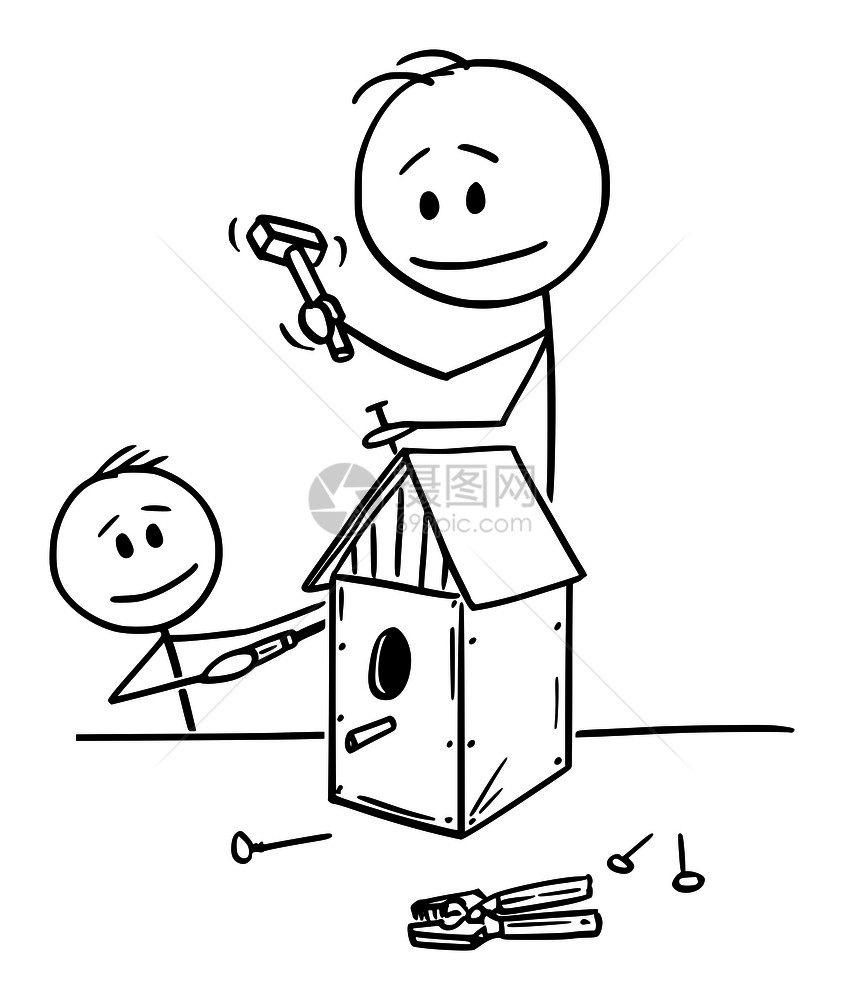 矢量卡通棒图绘制男人和孩或父亲儿子在讲习班上一起为鸟类建造屋的概念图图片