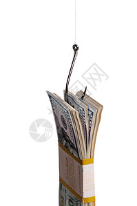 银行包装中一大笔10美元的钞票悬吊在钩上作为轻背景的诱饵图片