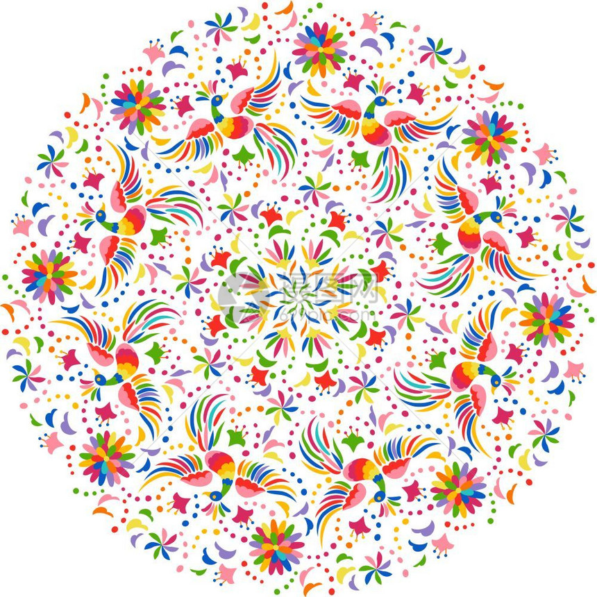 墨西哥刺绣圆形图案多彩和不同民族图案鸟类和鲜花光背景带有明亮民族装饰品的花卉背景墨西哥矢量刺绣圆形图案图片