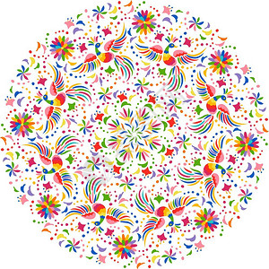 墨西哥刺绣圆形图案多彩和不同民族图案鸟类和鲜花光背景带有明亮民族装饰品的花卉背景墨西哥矢量刺绣圆形图案背景图片