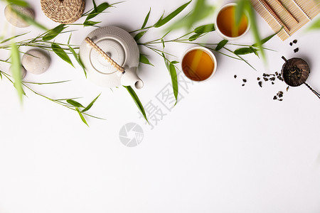 亚洲食物背景包括绿色茶叶杯和壶竹枝白底文字自由空间图片