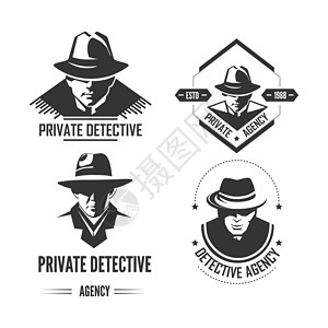 私人侦探促销单色标志带有戴帽子和经典大衣的男子与特殊官员一起的调查服务标志带有白色背景的孤立卡通平面矢量图私人侦探促销单色标志带背景图片