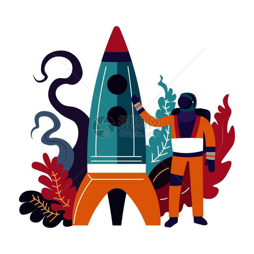 宇航员站在火箭旁挥舞着快乐的矢量航天器叶子和宇航员的太空船穿着保护服的宇航员太空船科学家的宇宙探索航员站在火箭边欢乐地挥舞着图片