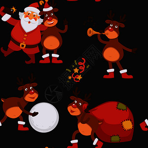 一鹿向前圣诞节日庆祝活动圣诞老人与驯鹿病媒共度时光老人与动物一起唱歌鹿吹号角和制作雪球的无缝模式新年快乐圣诞节日庆祝活动圣诞老人与驯鹿一插画
