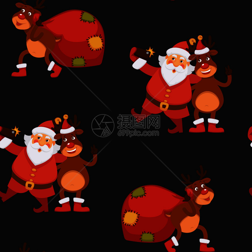 圣诞节日庆祝活动圣诞老人与驯鹿病媒共度时光老人与动物一起唱歌鹿吹号角和制作雪球的无缝模式新年快乐圣诞节日庆祝活动圣诞老人与驯鹿病图片