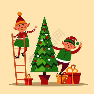 令人叹为精灵准备圣诞松树长青作为冬季节假日矢量Gnome穿着服装站在长梯上装饰有子的葡萄园下面礼物和品盒被装饰为象征精灵准备圣诞松树长青插画
