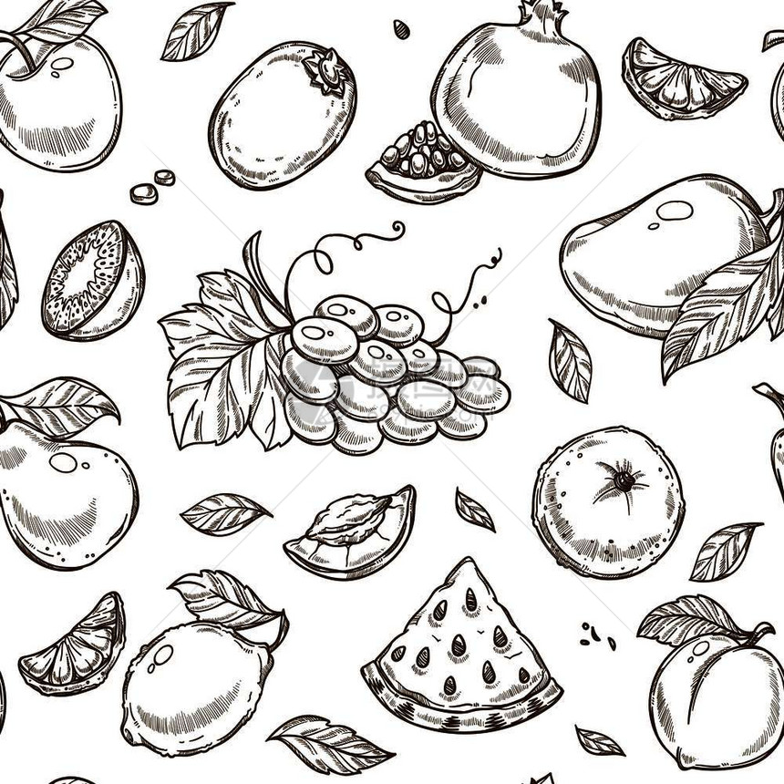 苹果热带芒和外来木瓜或葡萄和柠檬加网橙汁的矢量无缝设计图片