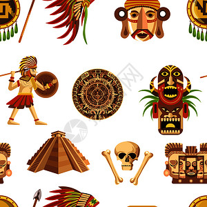 玛雅文化古老的金字塔锋利长矛固盾真实的头盔人骨木质图腾和考古学的矢量图解古老的玛雅传统特征和古代无价的遗迹缝图解古老的玛雅传统特征和古老插画