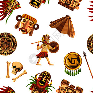 文化魁宝古老的金字塔锋利长矛固盾真实的头盔人骨木质图腾和考古学的矢量图解古老的玛雅传统特征和古代无价的遗迹缝图解古老的玛雅传统特征和古老插画