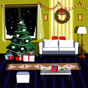 家具单品与墙壁椅子和桌壁炉花圈和袜子壁炉礼物和品盒庆祝活动圣诞节冬季假日家具和室内病媒相片的公寓插画