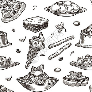 意大利烹饪素描图样背景意大利传统面食面披萨或意大利面条橄榄沙拉意大利菜饭面粉甜点等意大利传统食品盘的矢量无缝设计意大利传统食品盘背景图片
