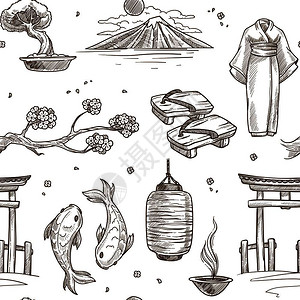 日本妇女日本草图案背景东京日本富士山的矢量无缝设计和服的艺伎妇女寿司餐棍或盆木酒和丝日本草图案背景矢量无缝设计插画