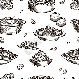 韩国菜传统盘子草图无缝模式一套配有桑纳基和姆奇卷心菜辣拉面汤或布洛戈吉鸡肉和韩国餐厅糕点的鸡肉韩国菜传统盘子草图也配有无缝模式韩背景图片