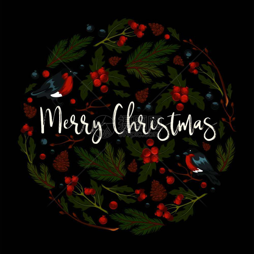 圣诞快乐牛翅和叶以圆形矢量为单位红莓和有多彩羽毛锥子和蓝莓的鸟在海报上张贴的鸟请在冬季假期圣诞快乐牛翅和叶以圆形矢量为单位图片