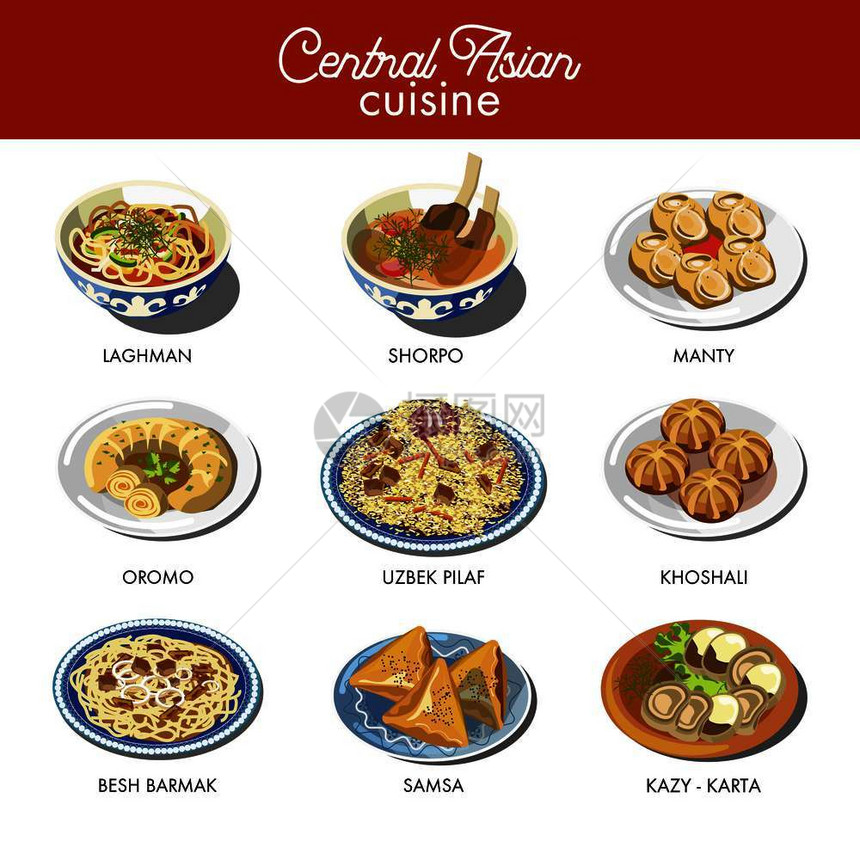 中亚食物烹饪传统菜乌兹别克比拉夫大米克曼汤或沙帕肉卷饼卡齐和贝什巴马克精油铃薯面条和拉克曼图片